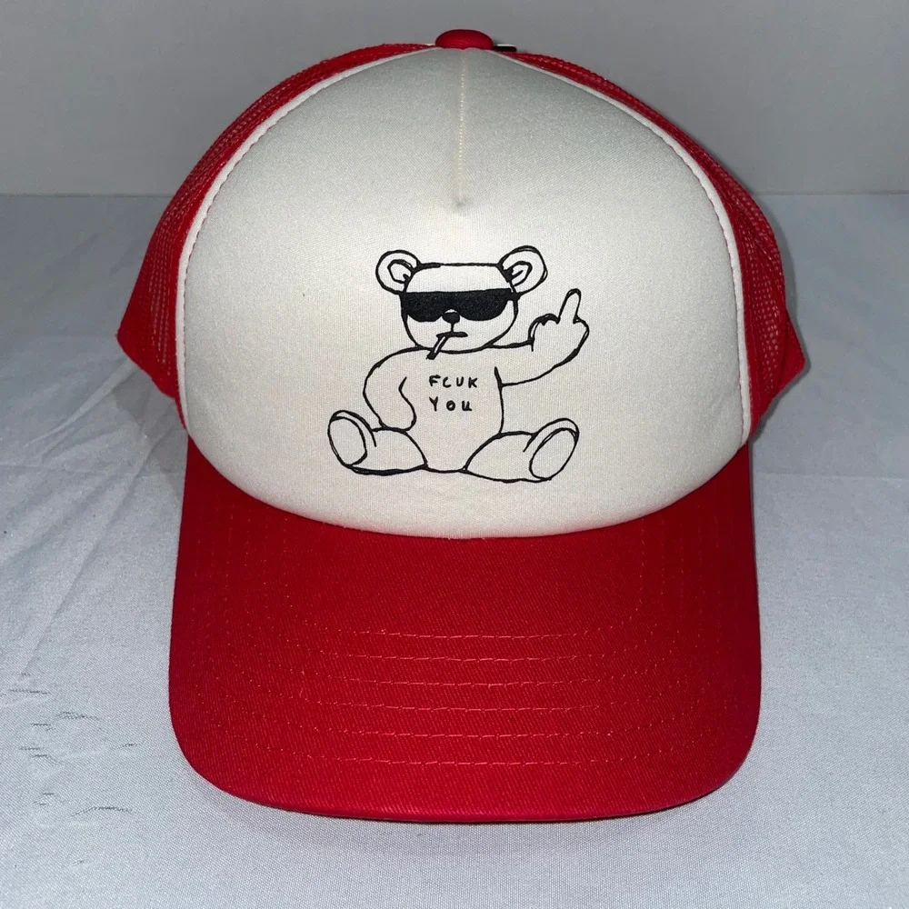 French Connection Red White Smoking Bear Graphic Trucker‎ Hat Snapback Cap NWT